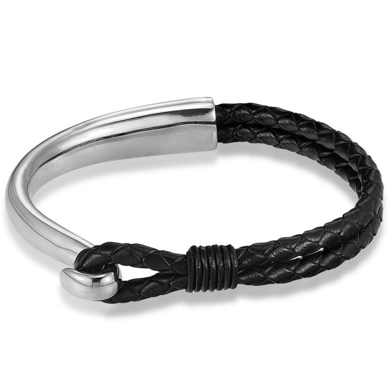 Braided Leather Curved Hook Bracelet in gold-tone and black view 5