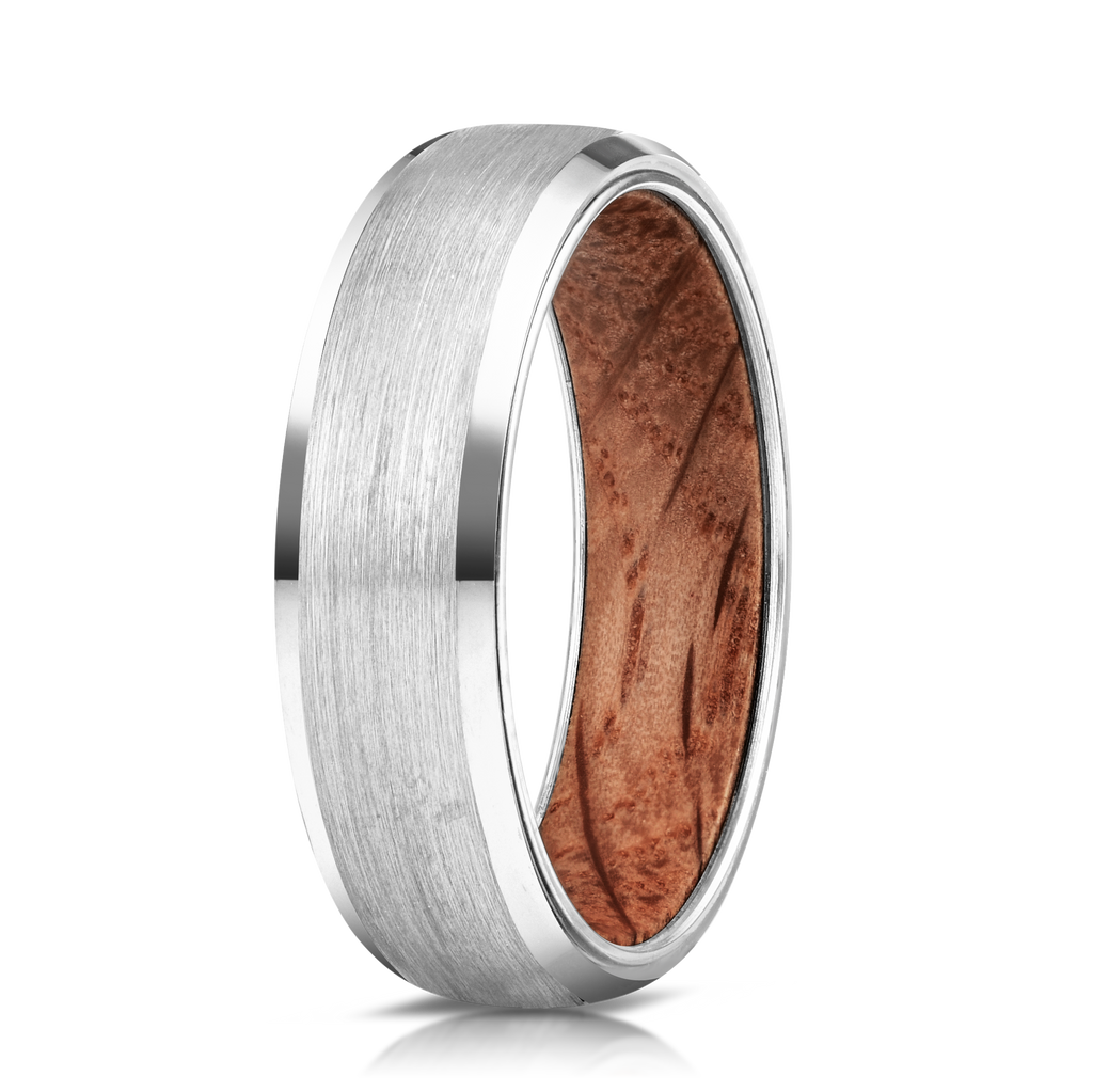 Matte Tungsten Carbide Wood Inlay Band, silver-tone, wood texture