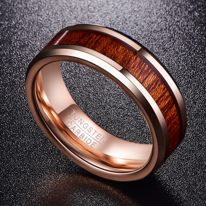 8mm Rose Gold Tungsten Carbide Wood Inlay Ring angled view