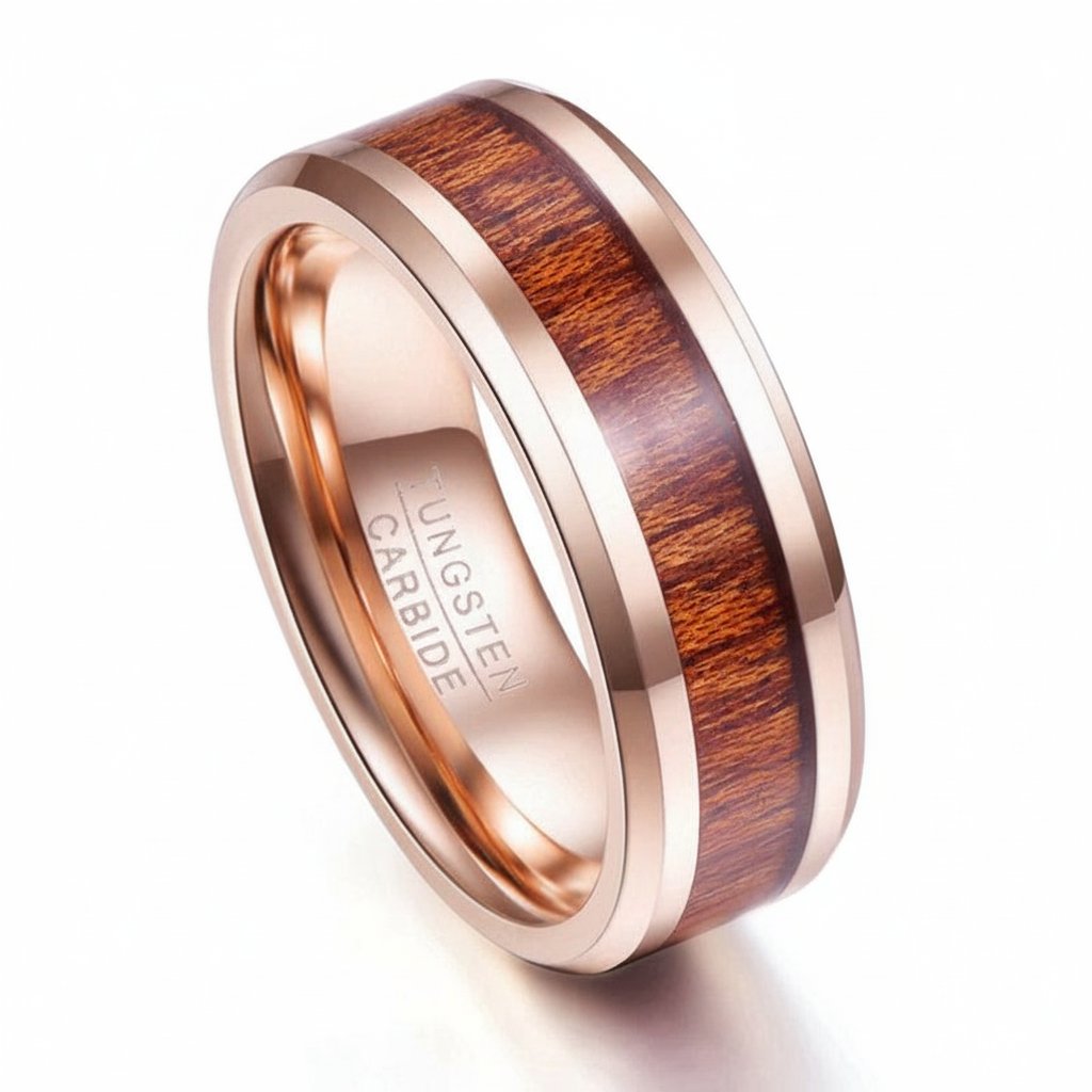8mm Rose Gold Tungsten Carbide Wood Inlay Ring angled view view 3