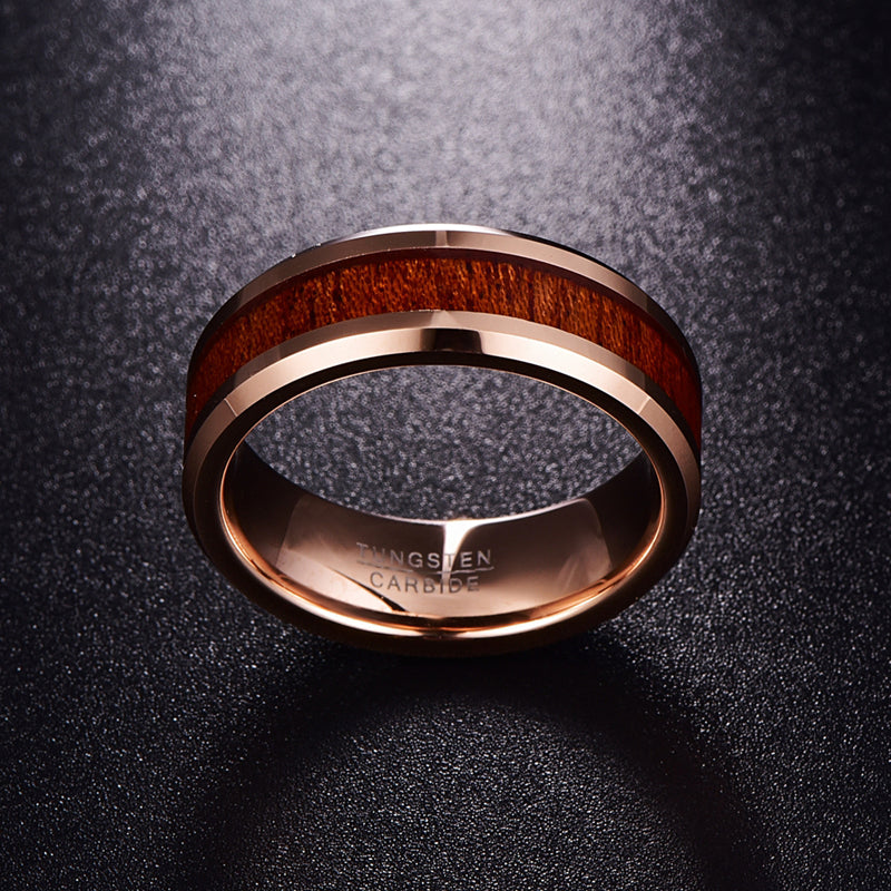 8mm Rose Gold Tungsten Carbide Wood Inlay Ring angled view view 2