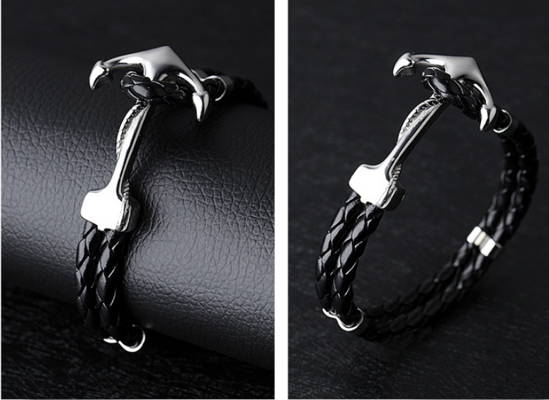 Braided Leather Anchor Hook Bracelet, black leather with silver-tone clasp view 3