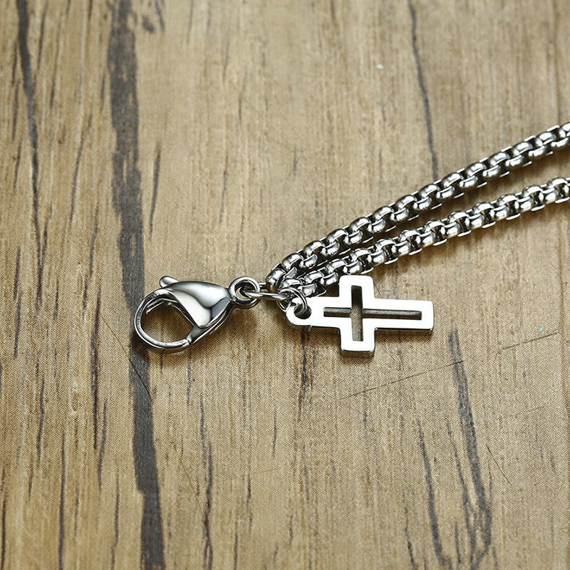 Stainless Steel Double Rolo Chain Cross Bracelet, silver-tone, worn on wrist view 2