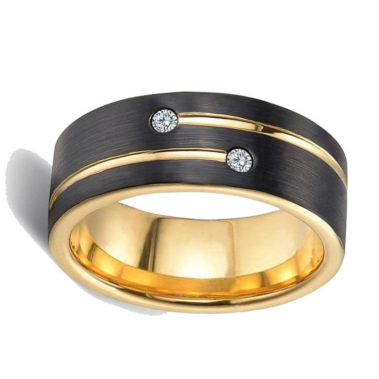 8mm Black Gold Tungsten Carbide Ring with two CZ stones view 4