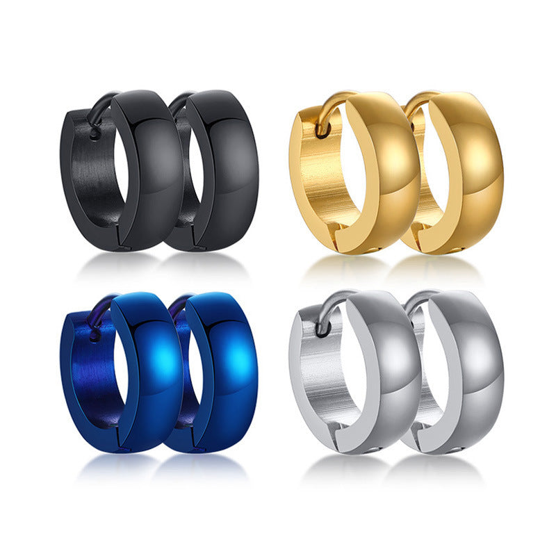 4mm Stainless Steel Hoop Earrings in black, gold, blue, and silver finishes.