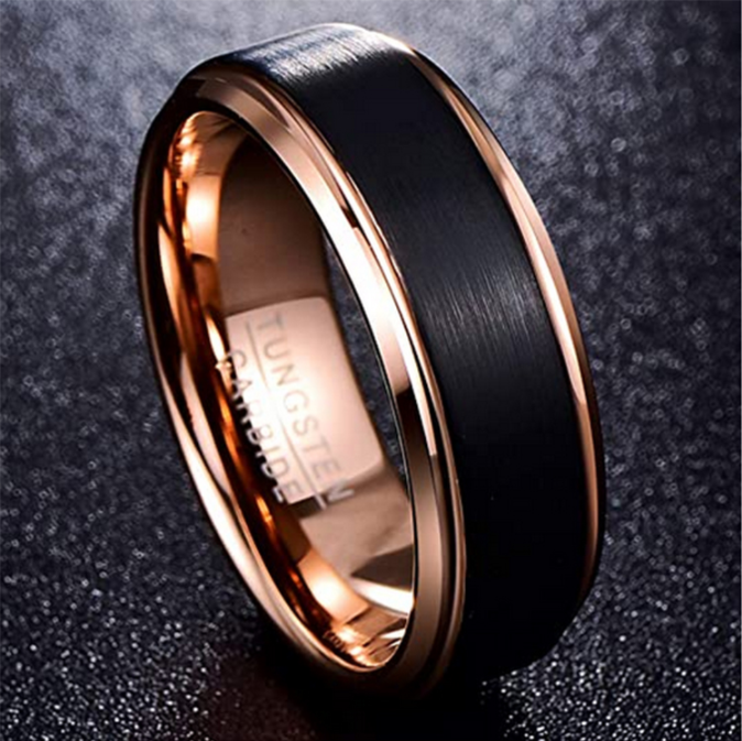 Two-Tone Black Rose Gold Tungsten Ring, men's band, brushed black, rose gold view 3