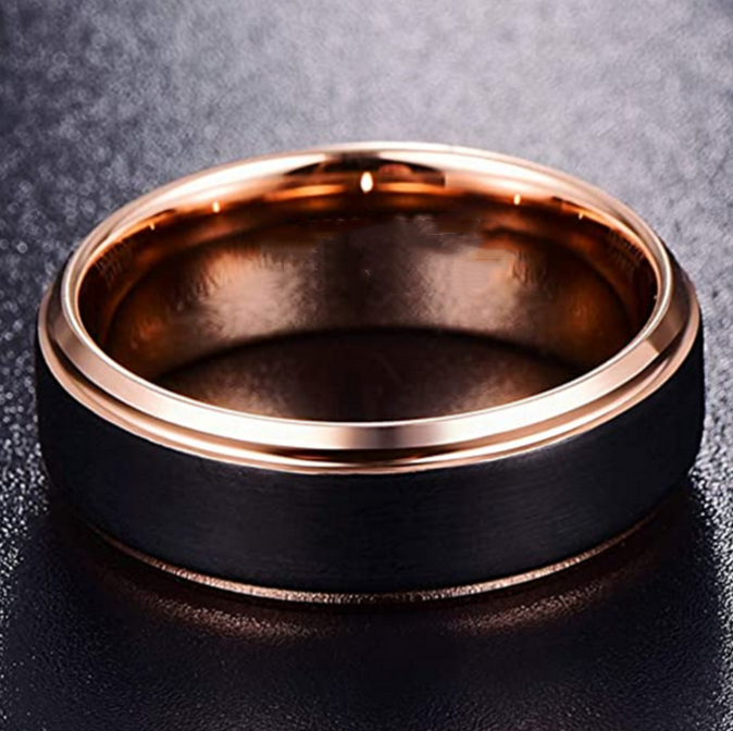 Two-Tone Black Rose Gold Tungsten Ring, men's band, brushed black, rose gold view 2