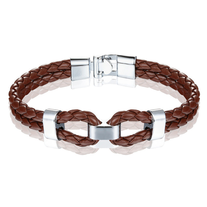 Braided Leather Shackle Bracelet black leather silver hardware view 2