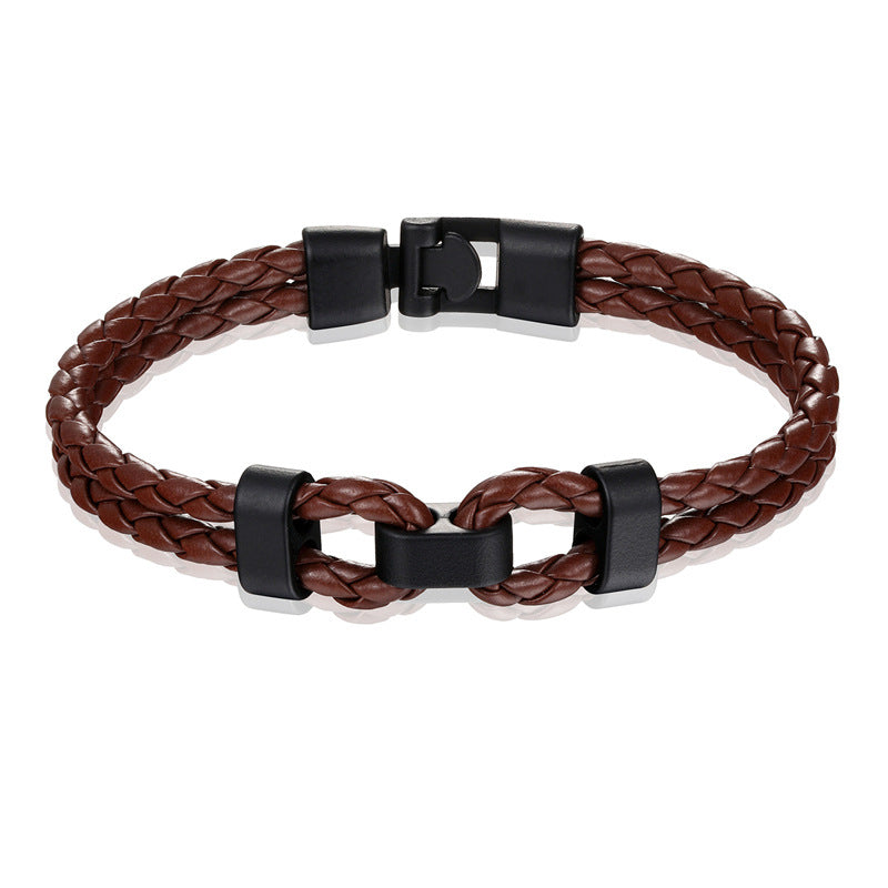 Braided Leather Shackle Bracelet black leather silver hardware view 4