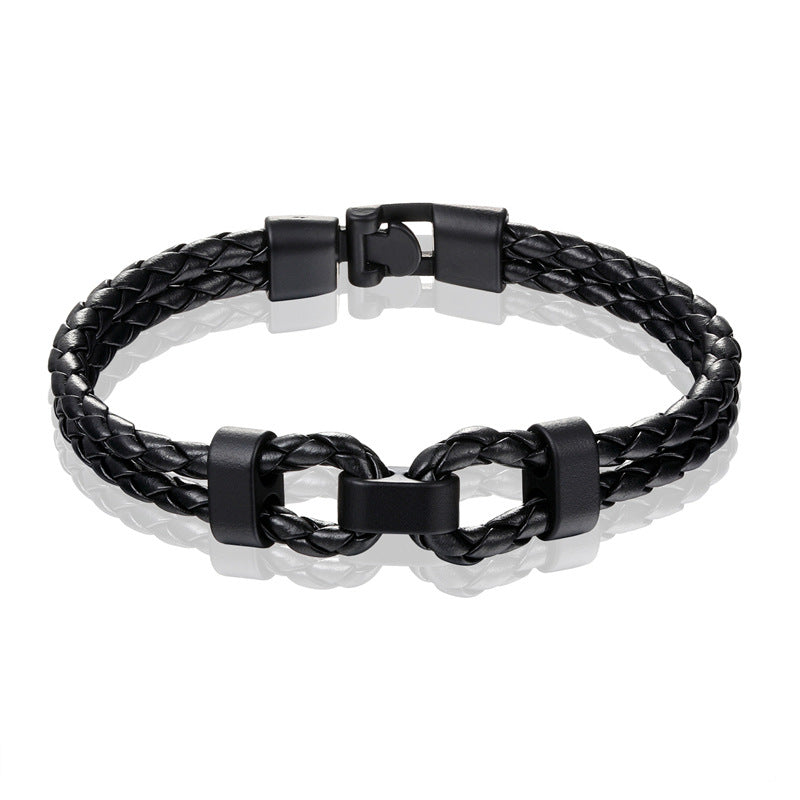Braided Leather Shackle Bracelet black leather silver hardware view 3