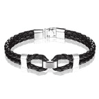 Braided Leather Shackle Bracelet black leather silver hardware