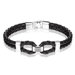 Braided Leather Shackle Bracelet black leather silver hardware