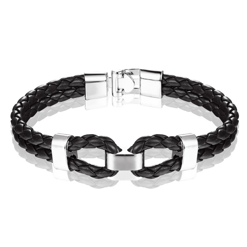 Braided Leather Shackle Bracelet black leather silver hardware