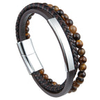 Braided Leather Bead Bracelet - brown, tiger eye, magnetic clasp