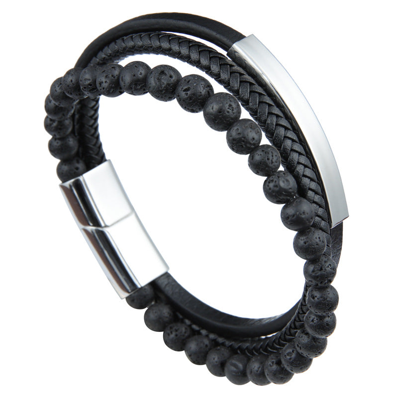 Braided Leather Bead Bracelet - brown, tiger eye, magnetic clasp view 3