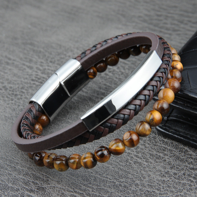 Braided Leather Bead Bracelet - brown, tiger eye, magnetic clasp view 4