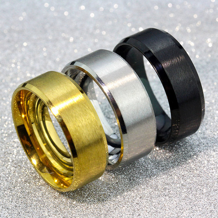Brushed Beveled Edge Stainless Steel Band - gold, silver, black rings