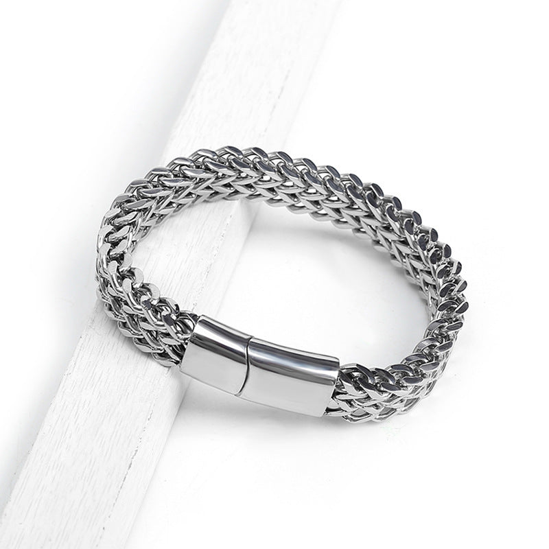 Stainless Steel Twin Wheat Chain Bracelet - silver-tone, magnetic clasp