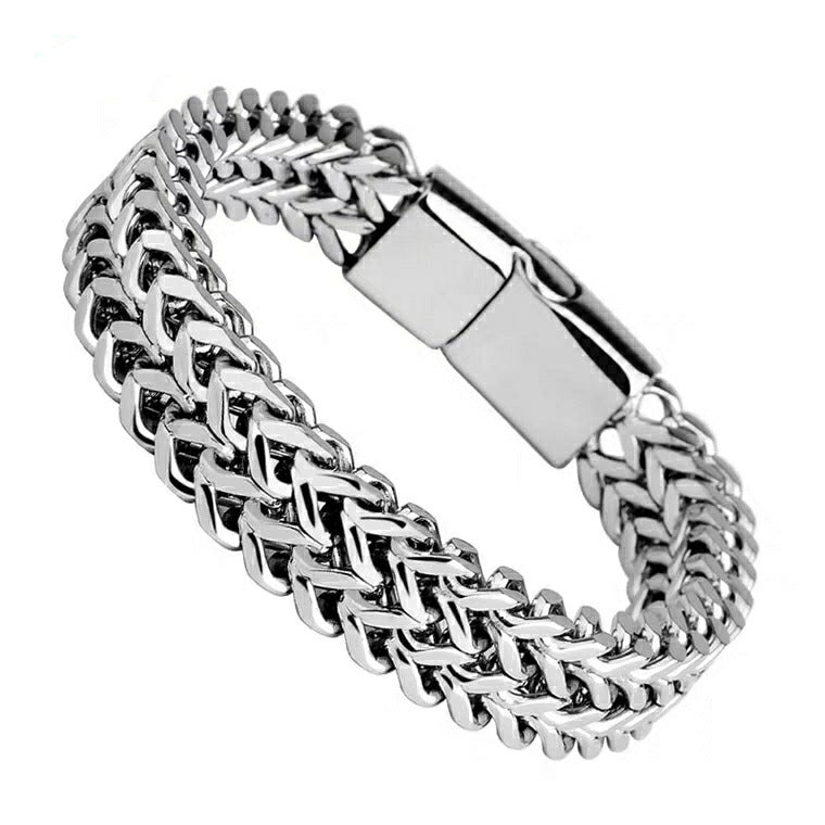 Stainless Steel Twin Wheat Chain Bracelet - silver-tone, magnetic clasp view 3