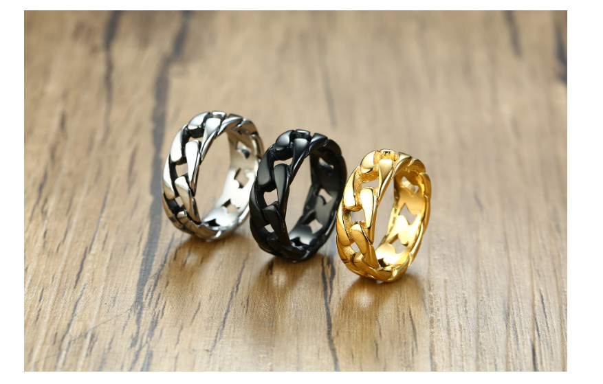 Cuban Link Band Ring in black, gold-tone, and silver finishes