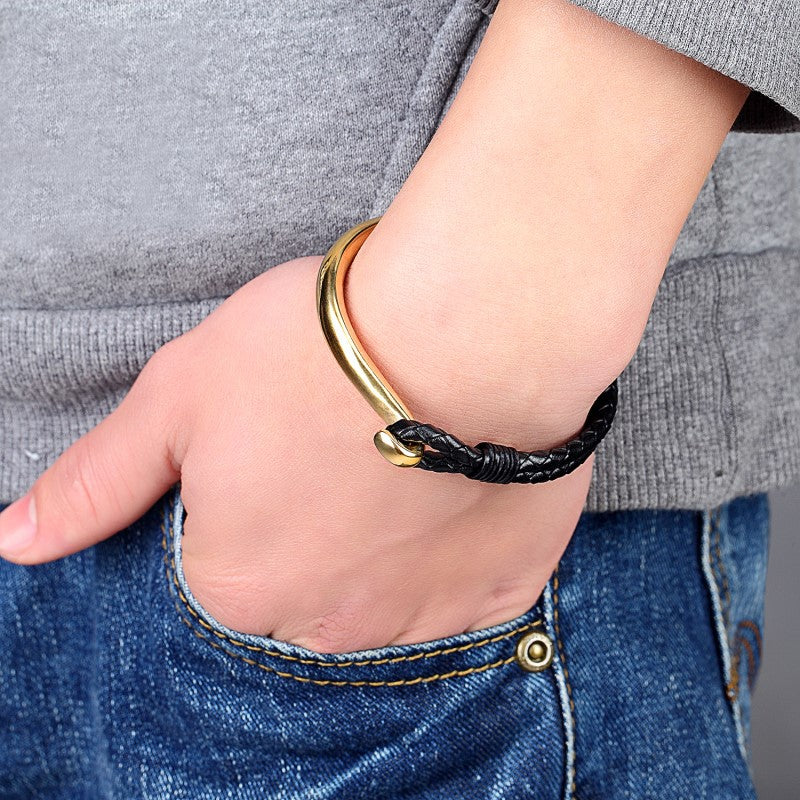 Braided Leather Curved Hook Bracelet in gold-tone and black view 4