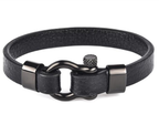 Black Leather Shackle Bracelet with black finish titanium steel clasp view 4
