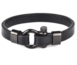 Black Leather Shackle Bracelet with black finish titanium steel clasp view 4