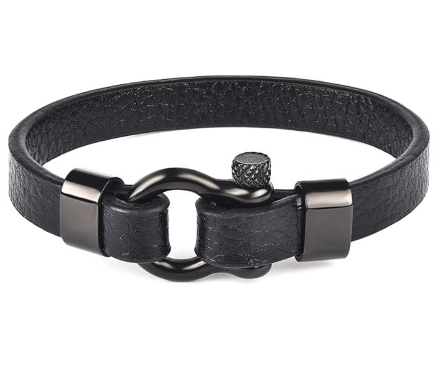 Black Leather Shackle Bracelet with black finish titanium steel clasp view 4