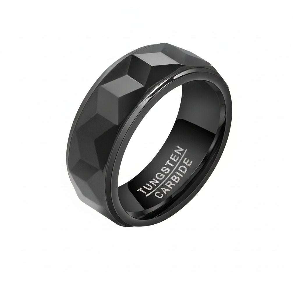8mm Black Faceted Tungsten Carbide Ring - geometric, durable, black view 5