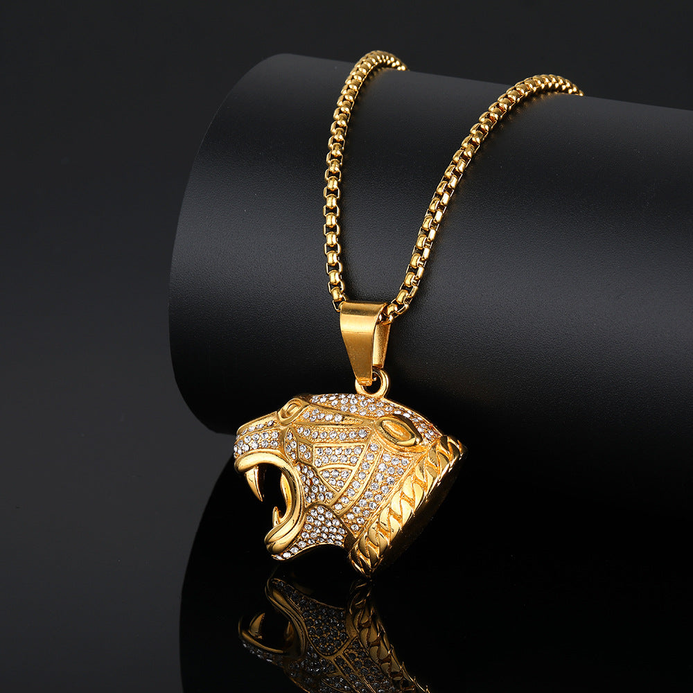 Iced Leopard Head Stainless Steel Pendant Necklace gold-tone box chain view 2