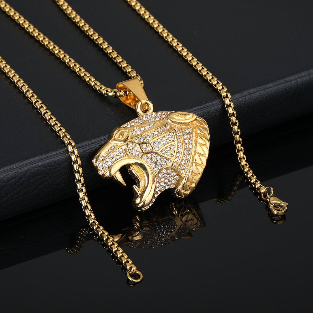 Iced Leopard Head Stainless Steel Pendant Necklace gold-tone box chain view 4