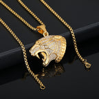 Iced Leopard Head Stainless Steel Pendant Necklace gold-tone box chain view 4