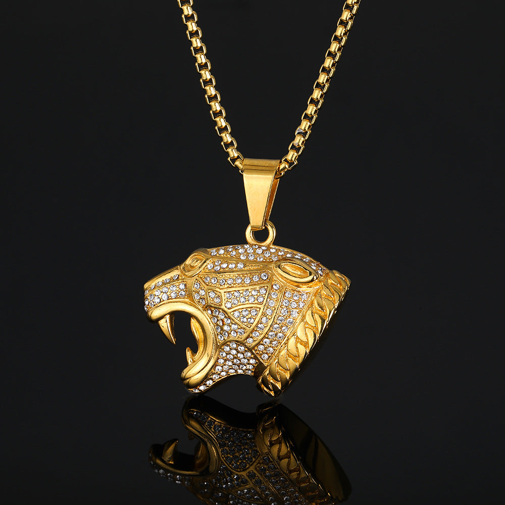 Iced Leopard Head Stainless Steel Pendant Necklace gold-tone box chain