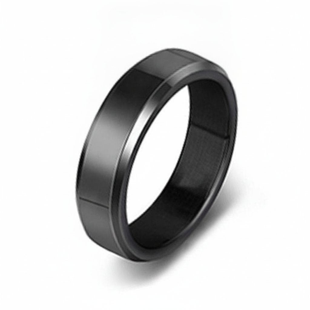 6mm Stainless Steel Beveled Band Ring in gold, black, and silver view 4