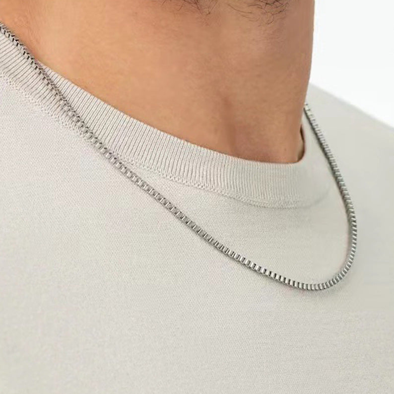 Minimalist Stainless Steel Box Chain on neck