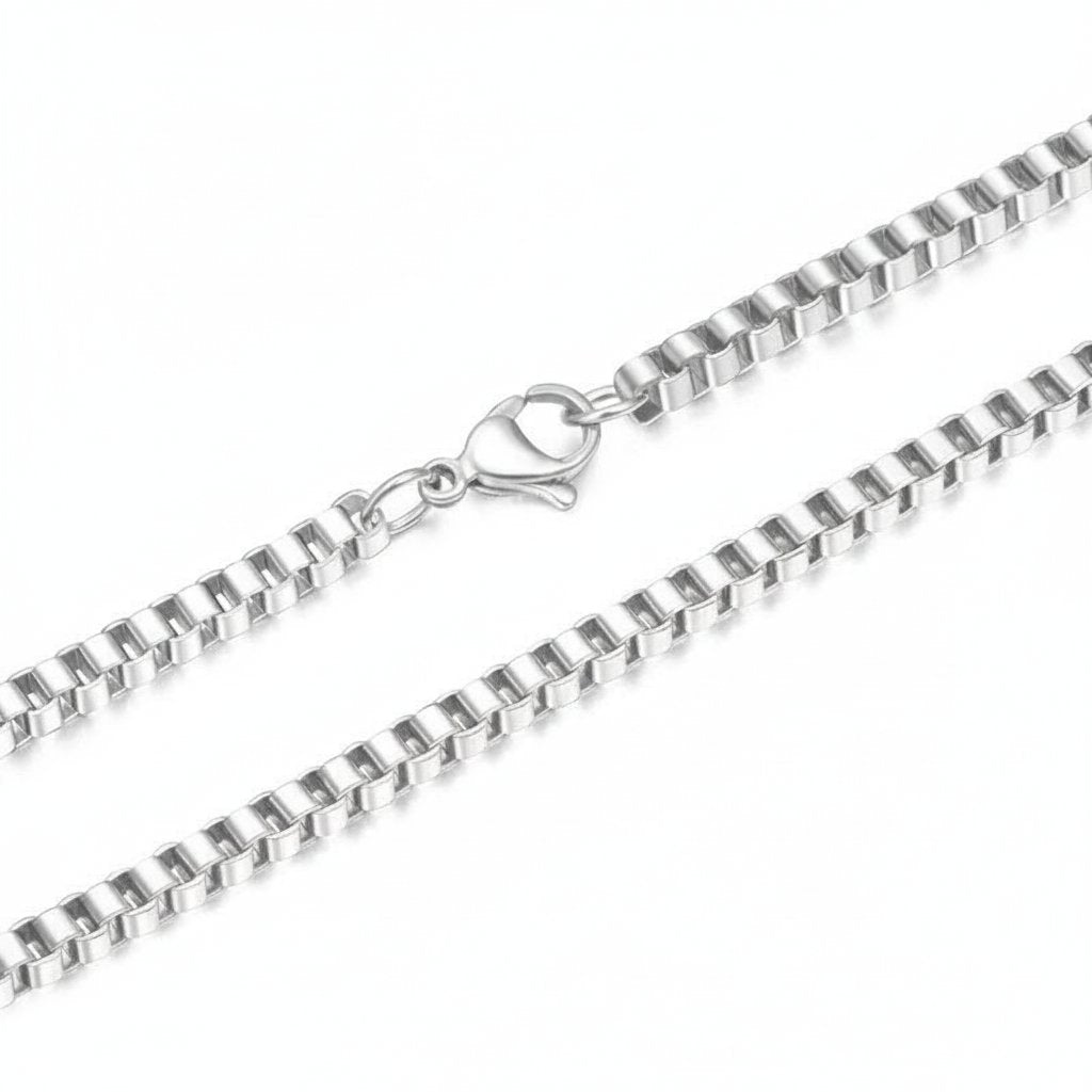 Minimalist Stainless Steel Box Chain on neck view 3