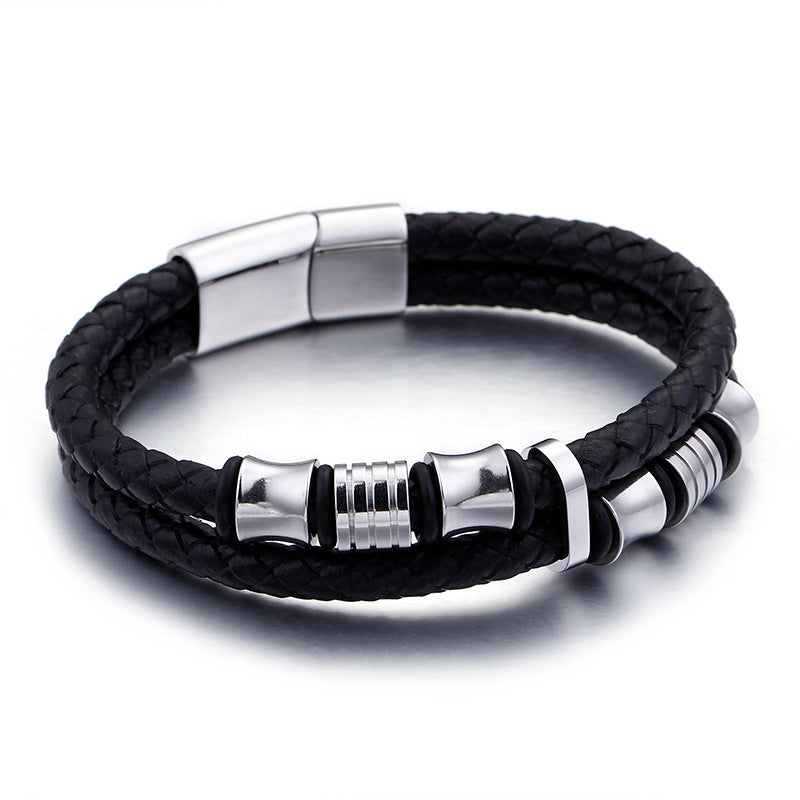 14mm Braided Leather Magnetic Bracelet with Silver hardware
