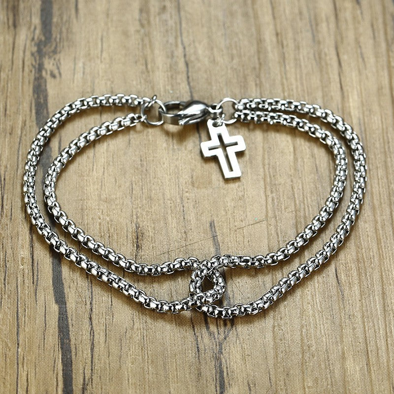 Stainless Steel Double Rolo Chain Cross Bracelet, silver-tone, worn on wrist view 3