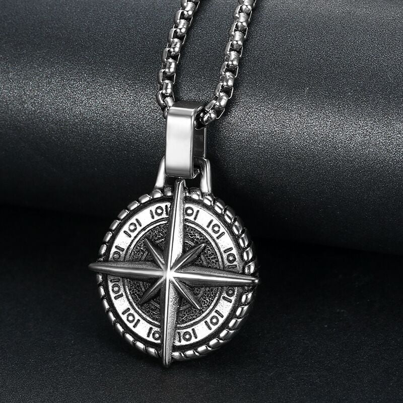 Stainless Steel Compass Pendant Necklace, silver-tone with detailed compass rose view 4