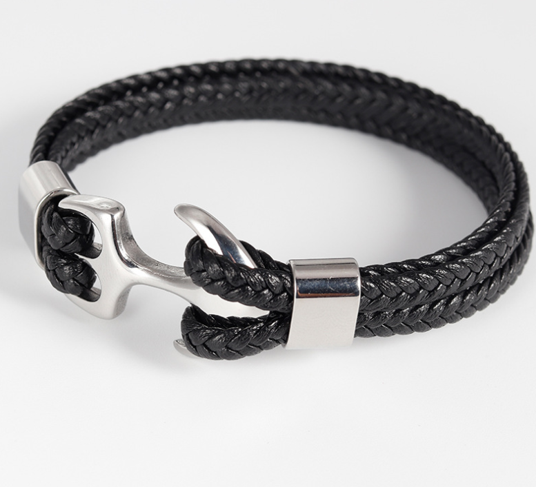 Braided Leather Anchor Bracelet with silver-tone clasp view 2