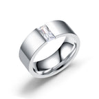 Stainless Steel Baguette Cubic Zirconia Ring, silver finish, wide band