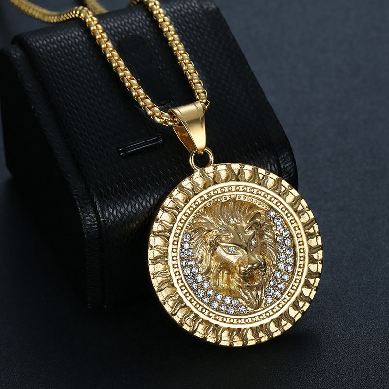 316L Stainless Steel Iced Lion Head Pendant Necklace gold-tone view 2
