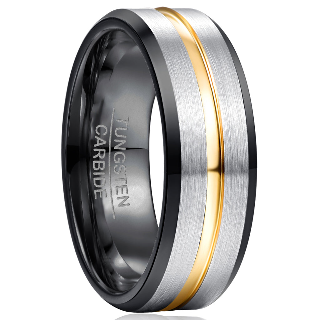Black Tungsten Carbide Gold Inlay Ring on a white background