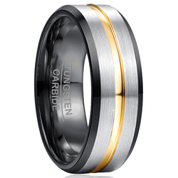 Black Tungsten Carbide Gold Inlay Ring on a white background