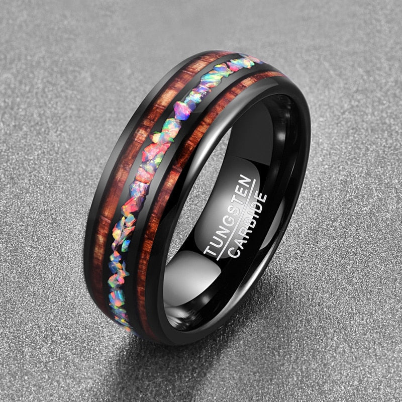 Black Tungsten Carbide Wood Opal Band - front view view 2