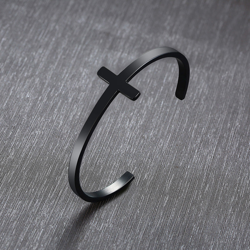 Minimalist Cross Cuff Bracelet - two bracelets, silver and black view 2