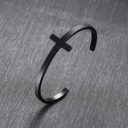 Minimalist Cross Cuff Bracelet - two bracelets, silver and black view 2