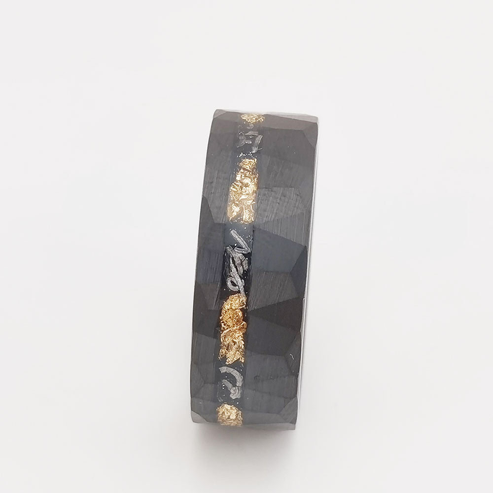 Black Faceted Tungsten Carbide Gold Flake Ring close up view 2
