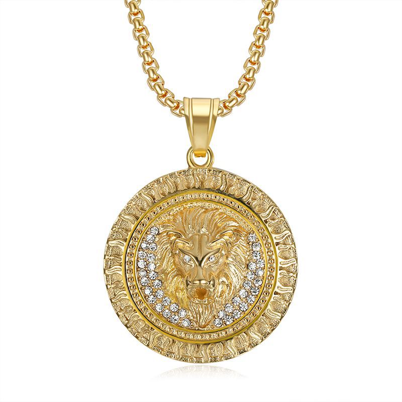 316L Stainless Steel Iced Lion Head Pendant Necklace gold-tone
