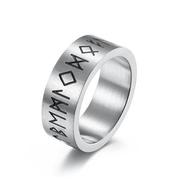 Brushed Stainless Steel Rune Ring - silver finish, etched symbols